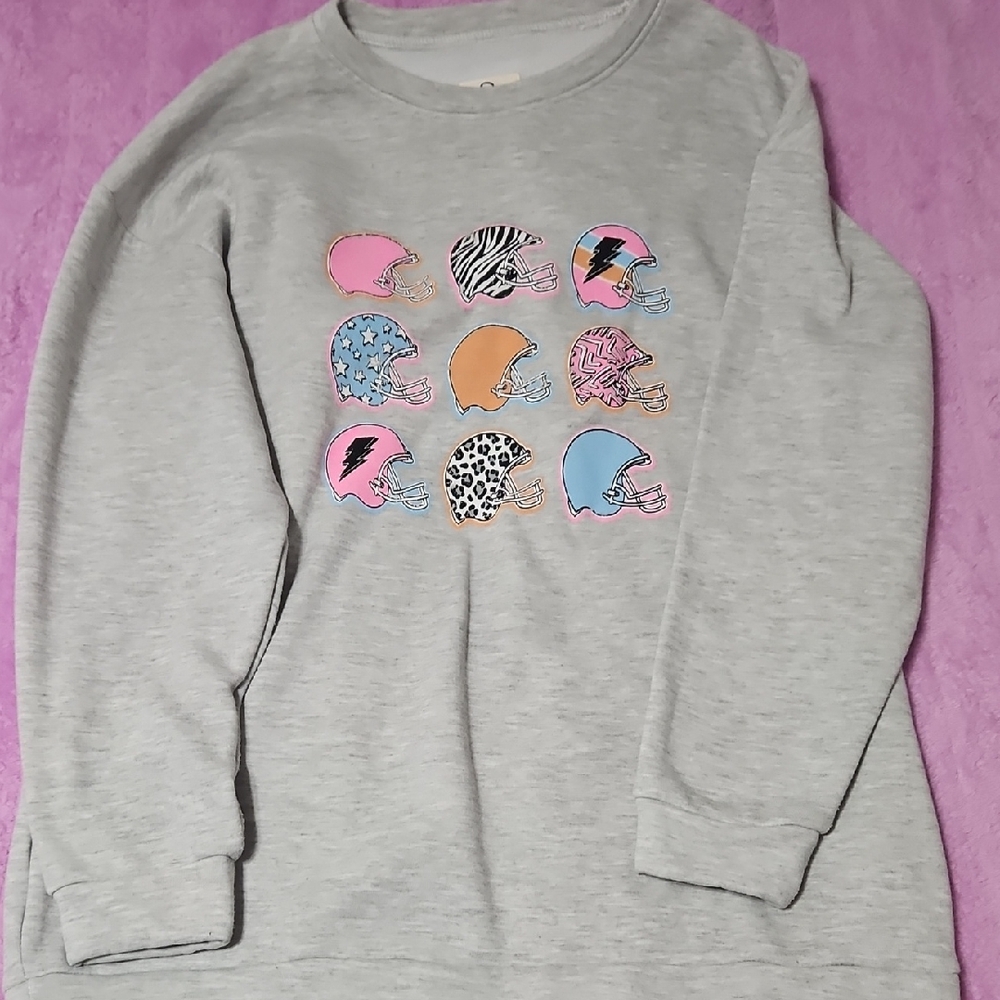 Gray Crew Neck Sweater with Colorful Helmet Design